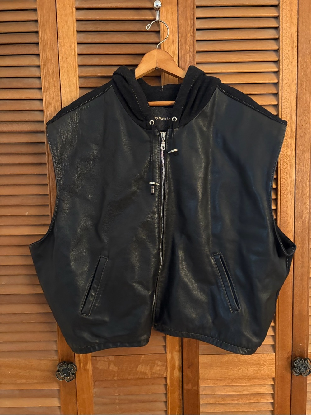 Men's Black leather and wool Hooded Zip Vest by rugby sz XL